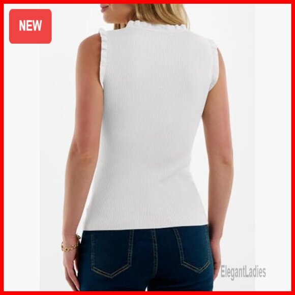 Ribbed Viscose Tank Top Crew Neck Ruffle Business Casual Summer - Picture 5 of 7